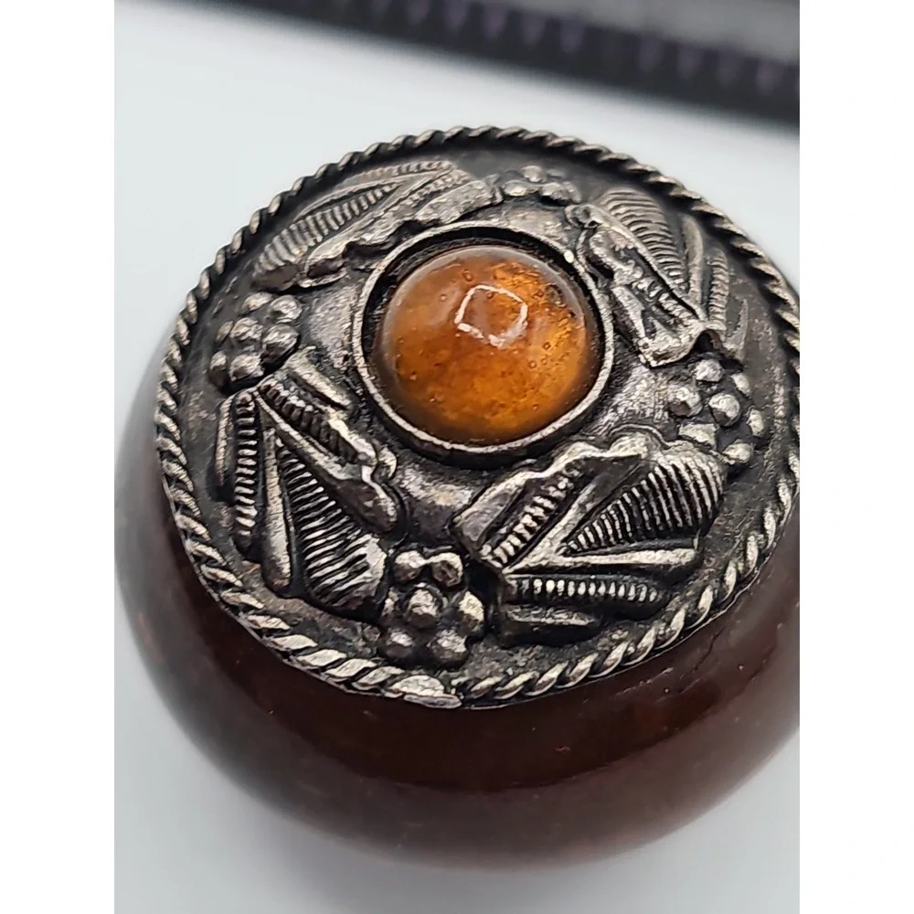 Vintage India Amber Glass Trinket Box Silver Tone Hinged Lid Footed Jewelry Box